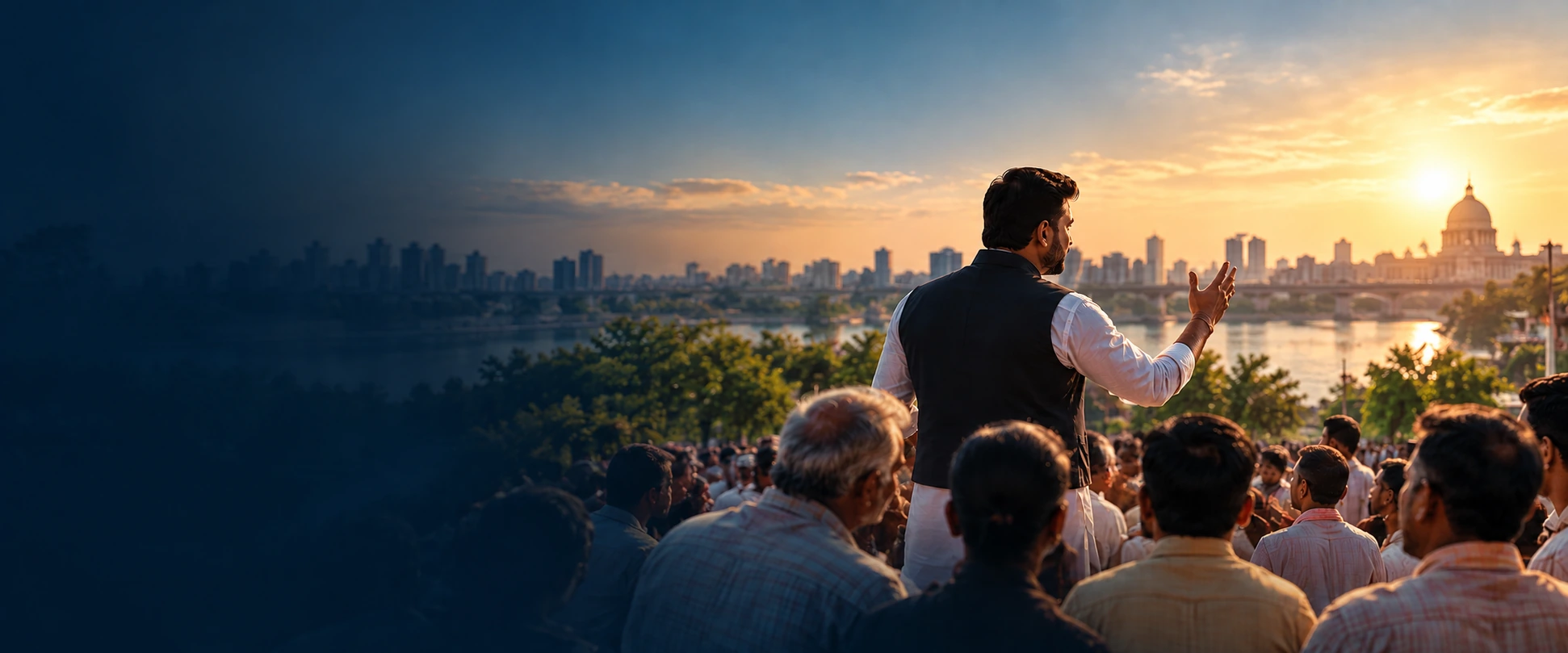Political leader addressing a public gathering at sunset